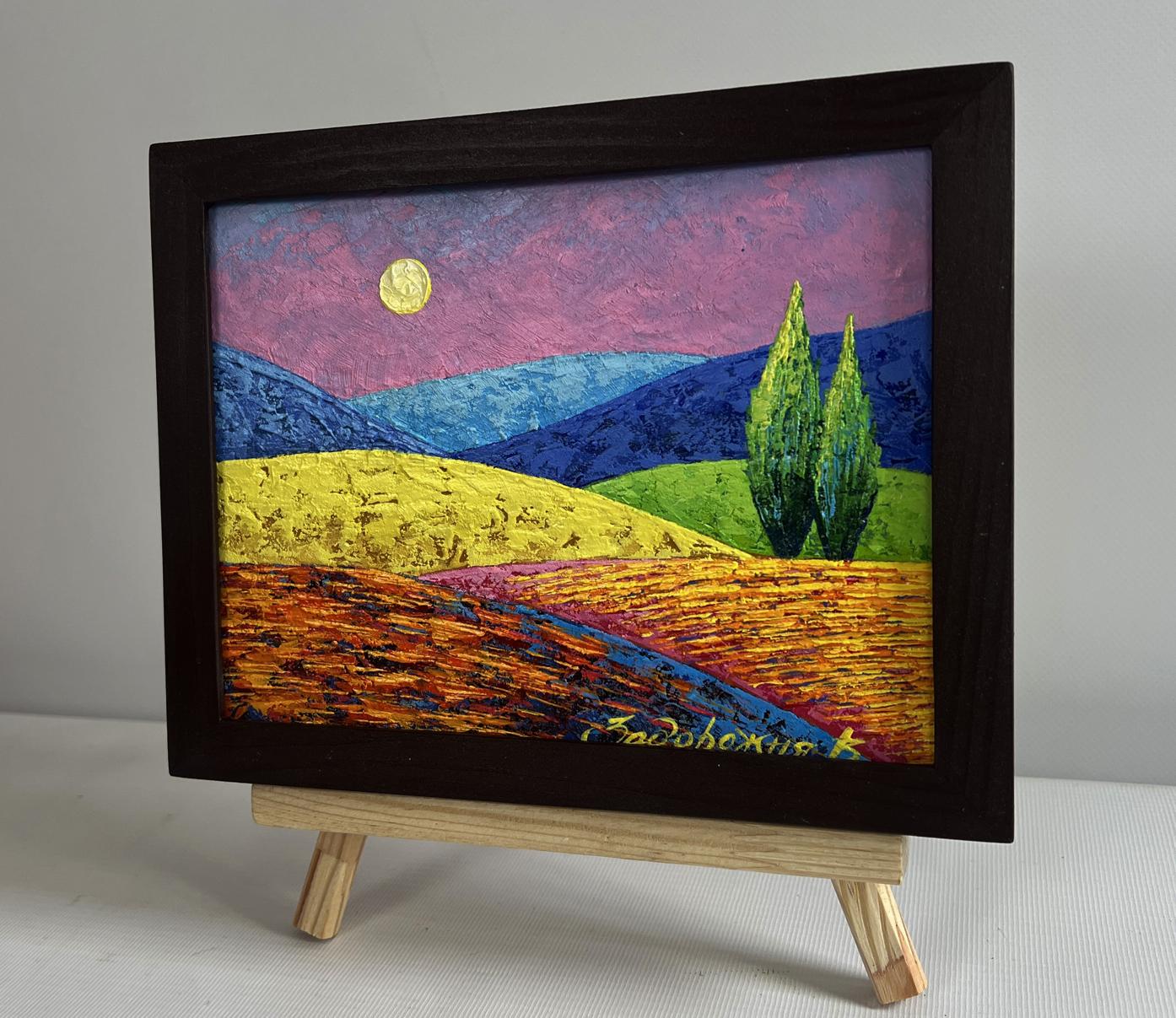 Oil painting by V. Zadorozhnya: pink sunset over plains in wooden frame