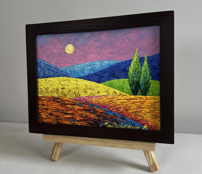 Oil painting by V. Zadorozhnya: pink sunset over plains in wooden frame