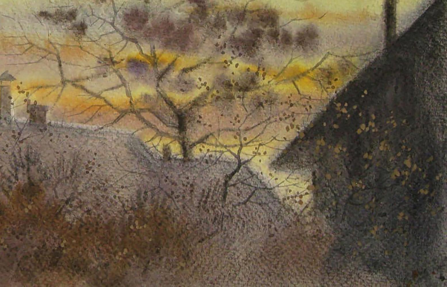 Watercolor painting of bare tree at sunset by Valery Savenets