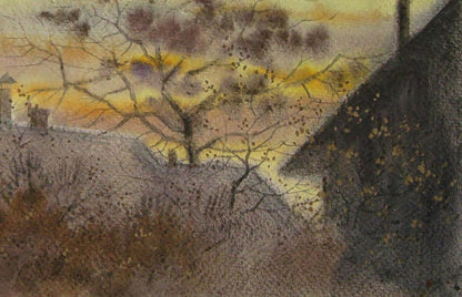 Watercolor painting of bare tree at sunset by Valery Savenets
