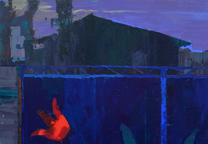 Vibrant red bird in bold strokes on blue fence by Natalia Korf-Ivaniuk