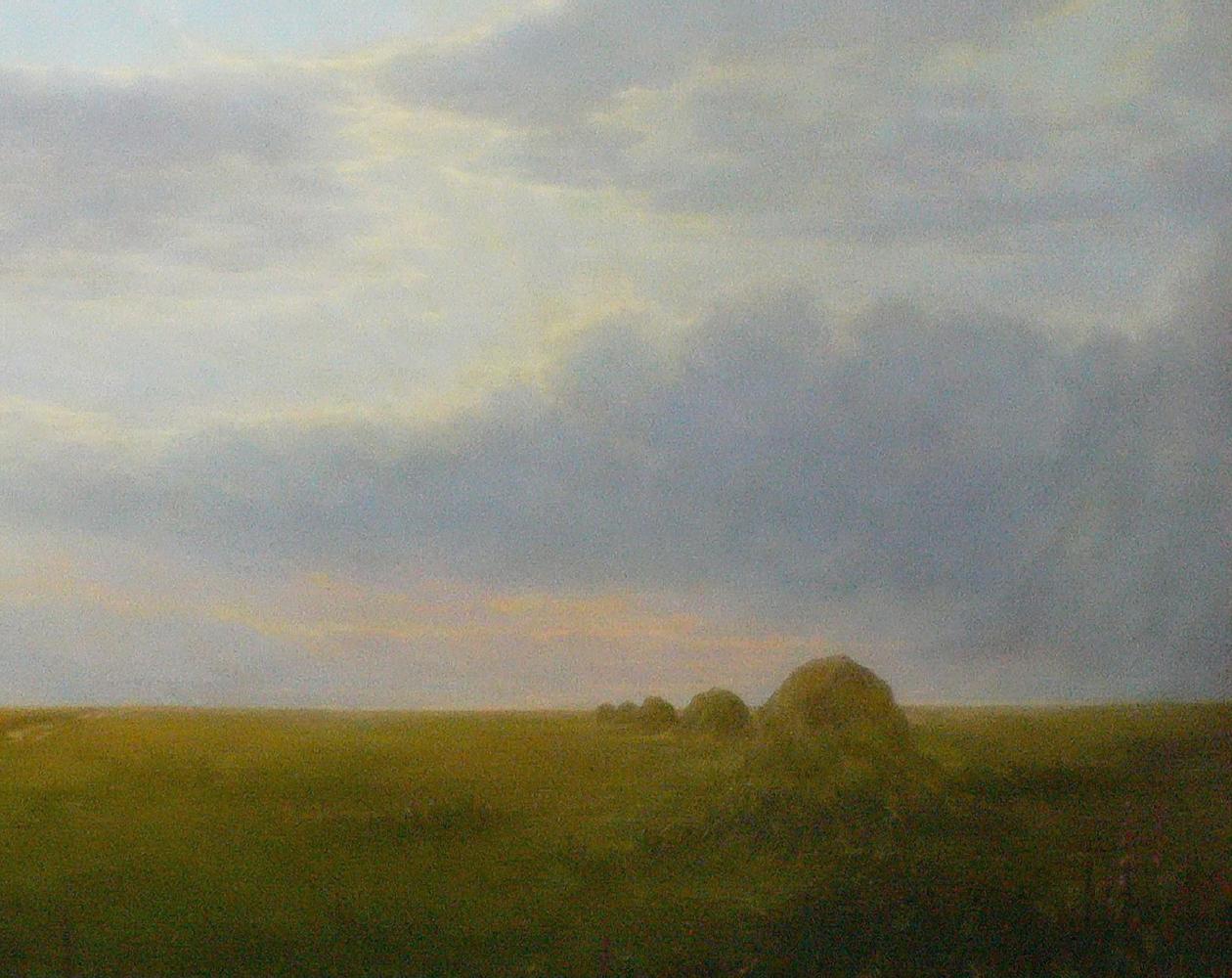 Vasily Korkishko oil painting of vast wheat fields with hay bales under cloudy sky