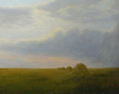 Vasily Korkishko oil painting of vast wheat fields with hay bales under cloudy sky