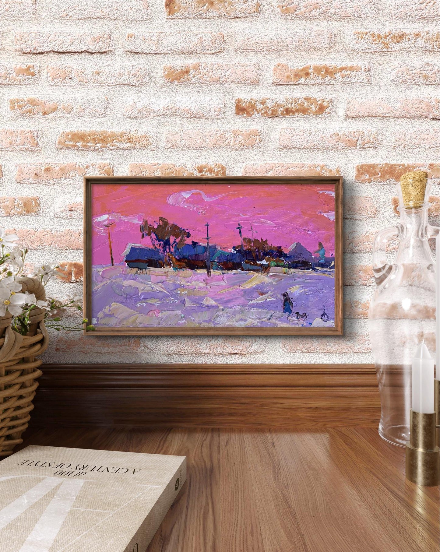 Oil painting It snowed in the evening by Oksana Ivanyuk, snowy village scene