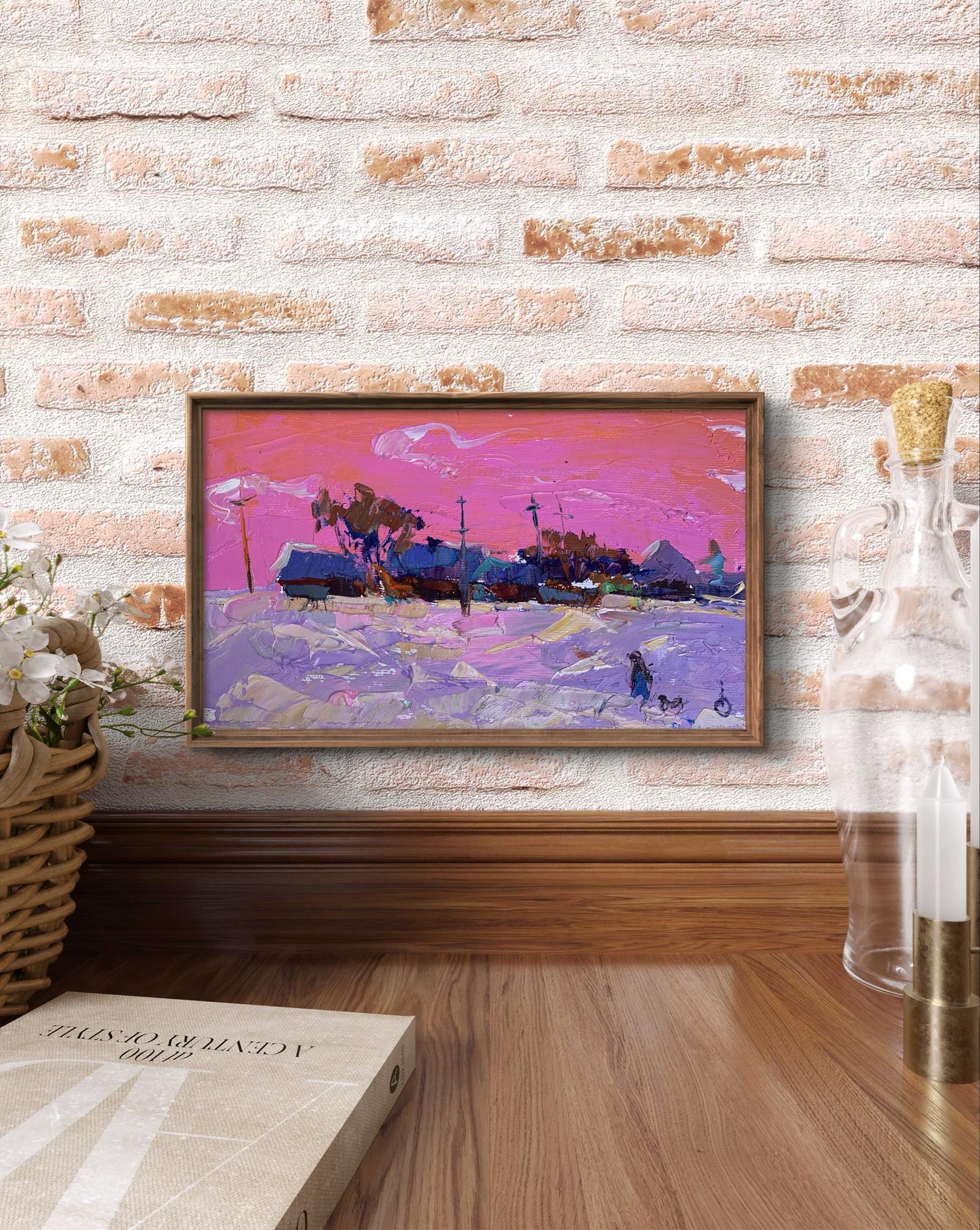 Oil painting It snowed in the evening by Oksana Ivanyuk, snowy village scene