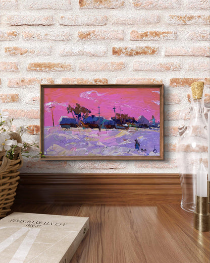 Oil painting It snowed in the evening by Oksana Ivanyuk, snowy village scene