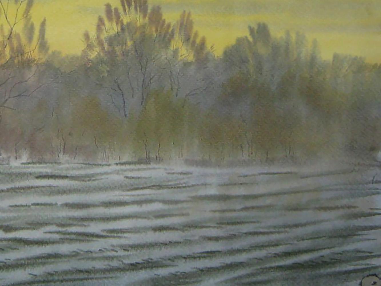Watercolor painting of snowy field misty river bare trees by Valery Savenets