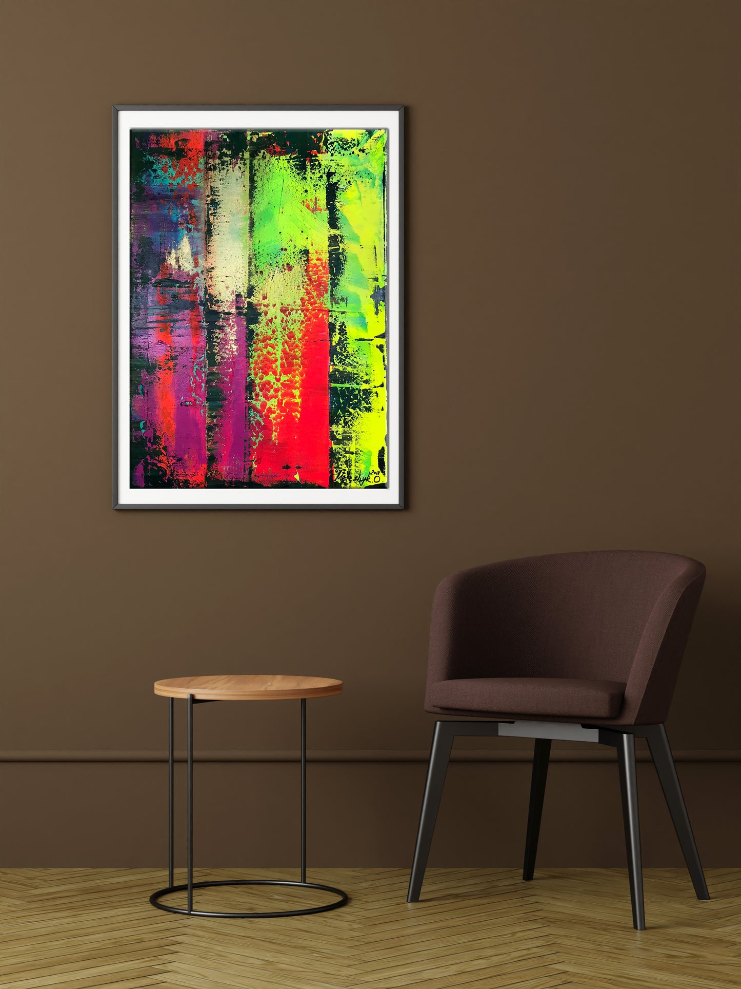 Vibrant Meeting abstract painting in white frame with neon green, red, purple streaks