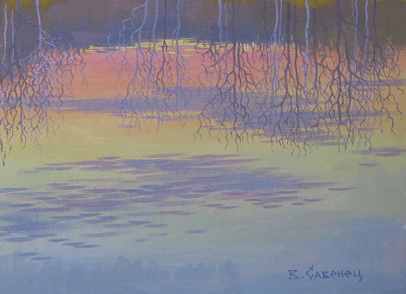 Oil painting Evening November by the river Valery Savenets pastel water scene