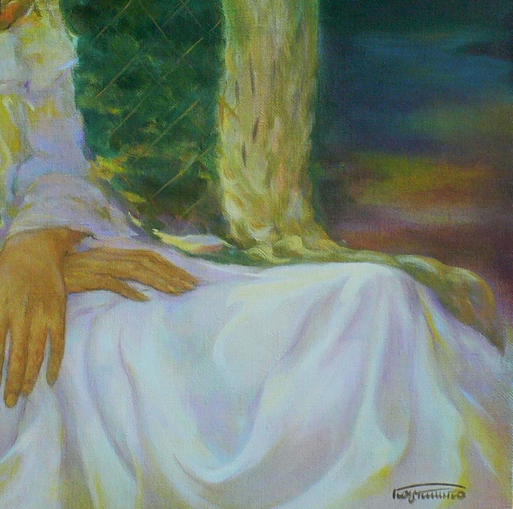 Oil painting of Girl in the Garden by Vasily Korkishko with golden hand on soft white gown