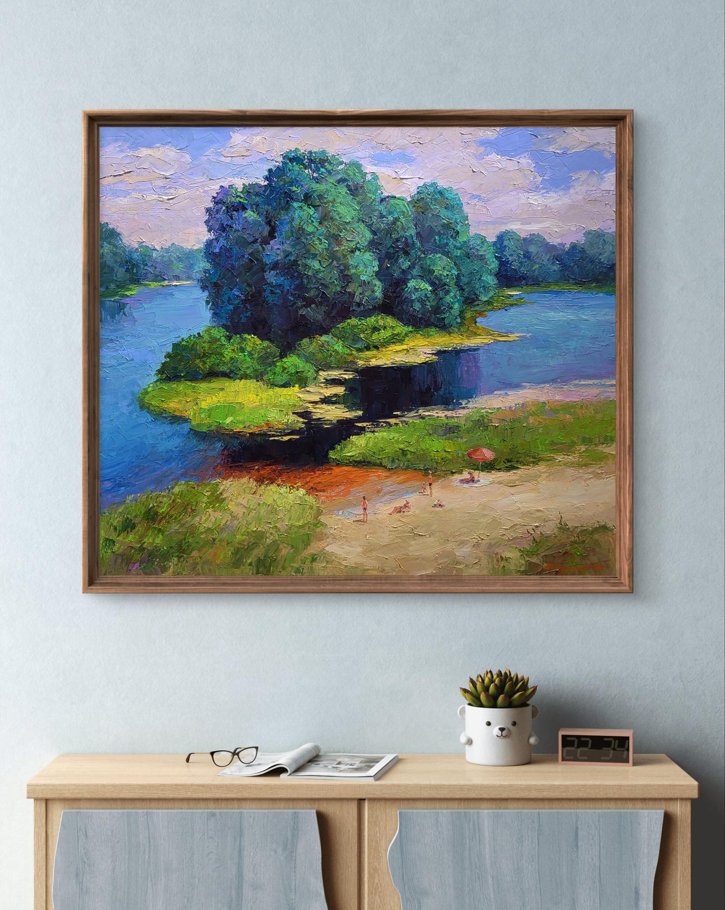 Framed oil painting of serene river beach by Boris Serdyuk