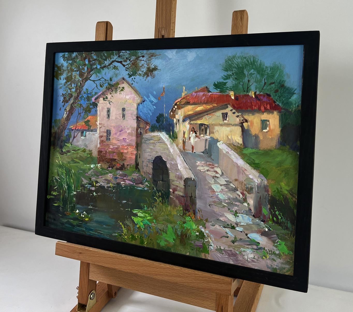 Oil painting The bridge leading to the village by Yuriy Suprunchuk in black frame