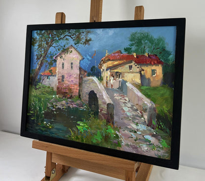 Oil painting The bridge leading to the village by Yuriy Suprunchuk in black frame