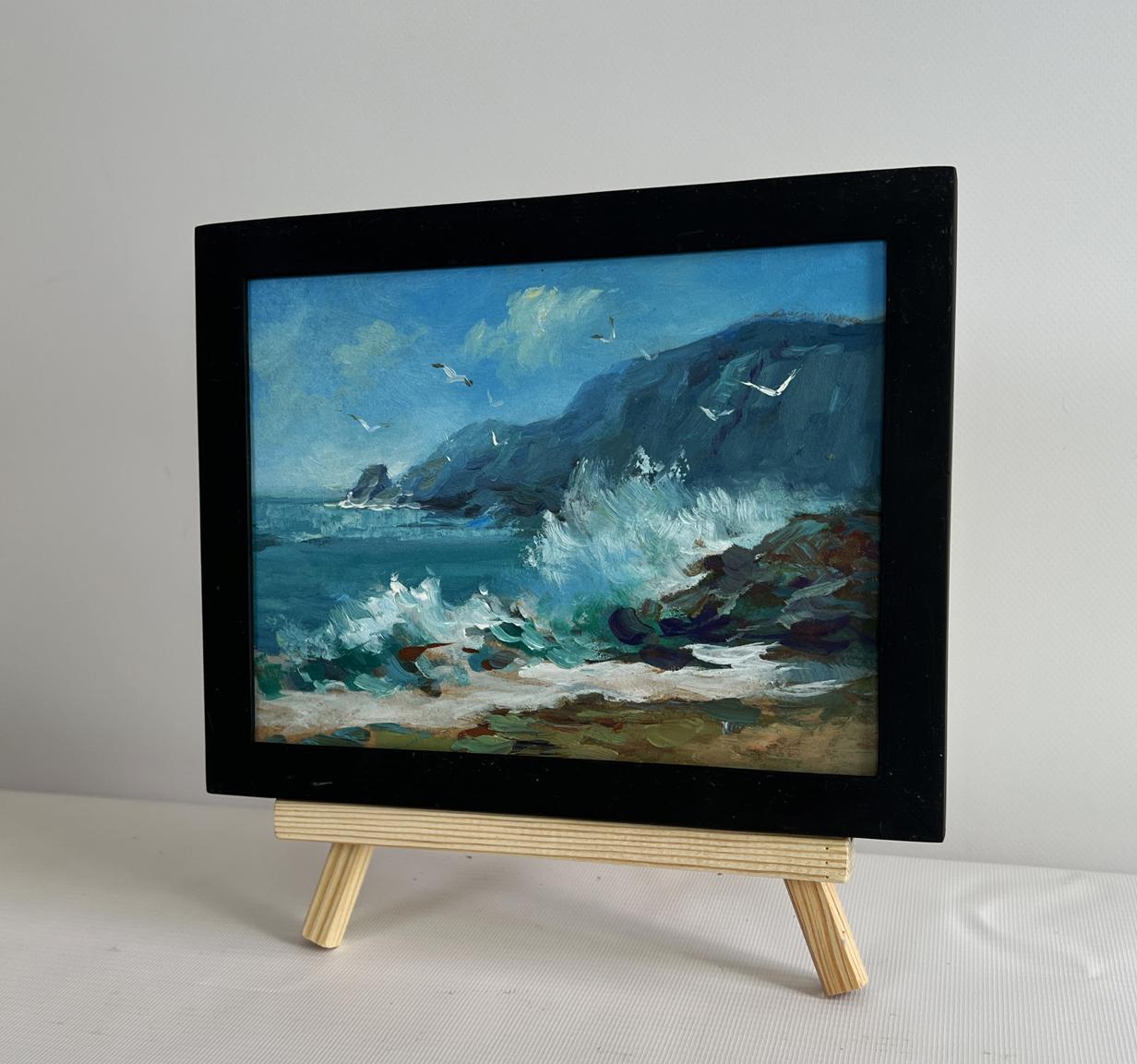 Framed oil painting of crashing sea waves by Yuriy Suprunchuk