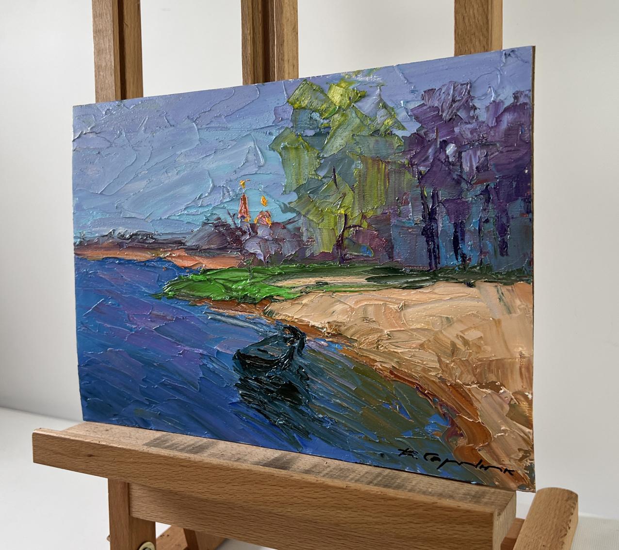 Oil painting Summer river bank by Boris Serdyuk lakeside scene