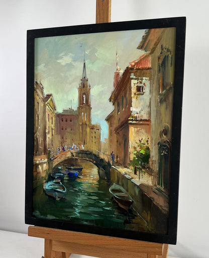 Framed oil painting of busy Venice streets by Yuriy Suprunchuk