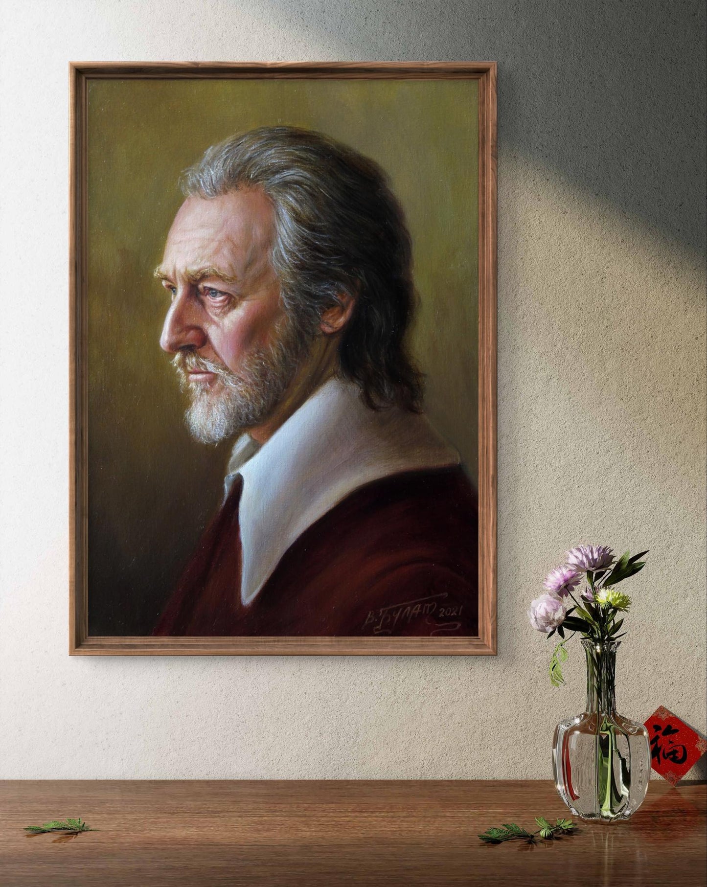 Framed oil painting Sight Valeriy Bulat of gray-haired bearded man in white collar