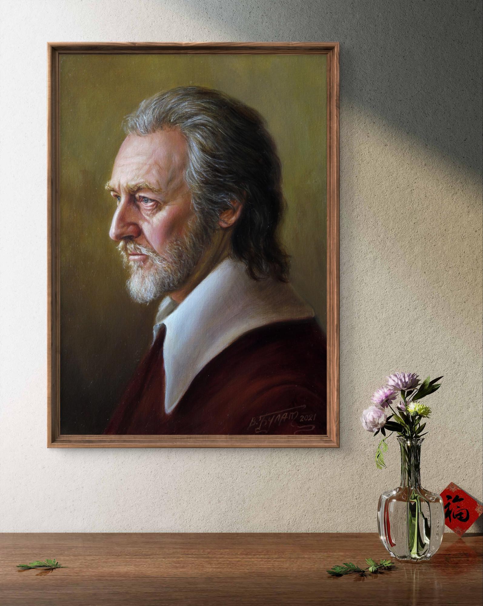 Framed oil painting Sight Valeriy Bulat of gray-haired bearded man in white collar