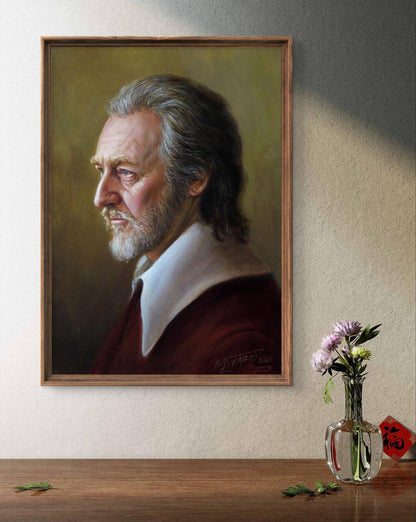 Framed oil painting Sight Valeriy Bulat of gray-haired bearded man in white collar