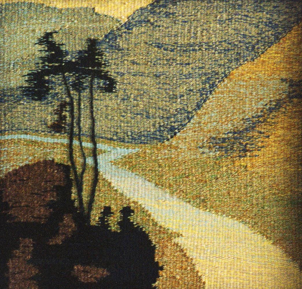 Handmade Vasily Korkishko tapestry of mountain road with silhouetted trees