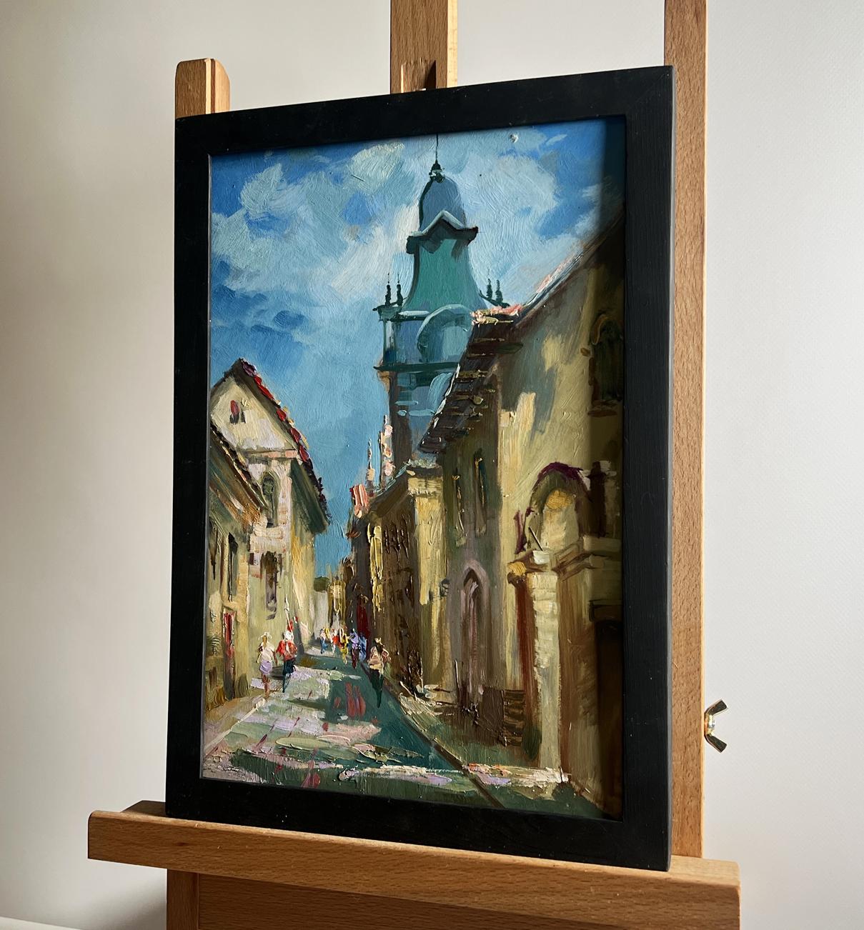 Oil painting of people walking sunlit European street with teal dome by Yuriy Suprunchuk
