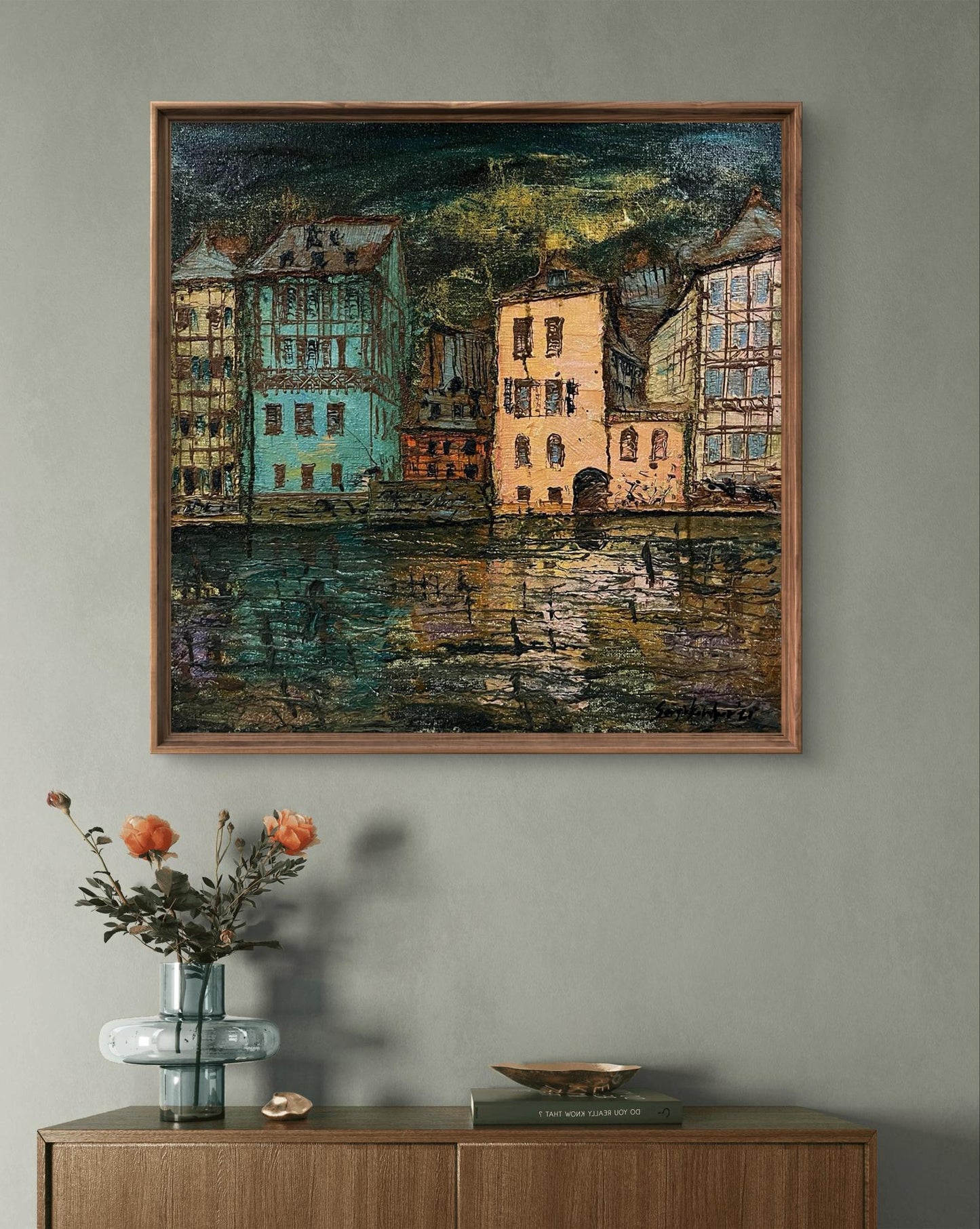Oil painting Reincarnation by Serhiy Kovalev, colorful European riverside at dusk in frame