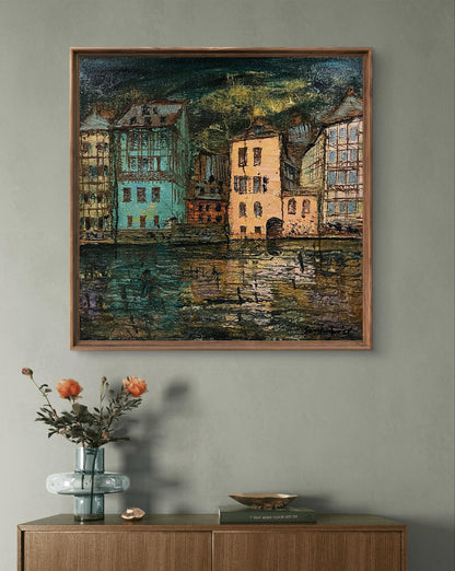 Oil painting Reincarnation by Serhiy Kovalev, colorful European riverside at dusk in frame