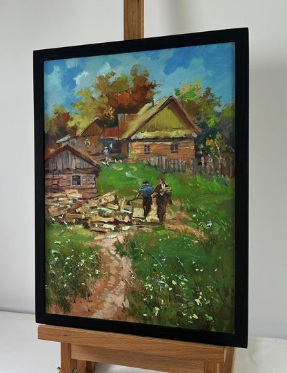 Oil painting by Yuriy Suprunchuk: summer village with thatched cottages