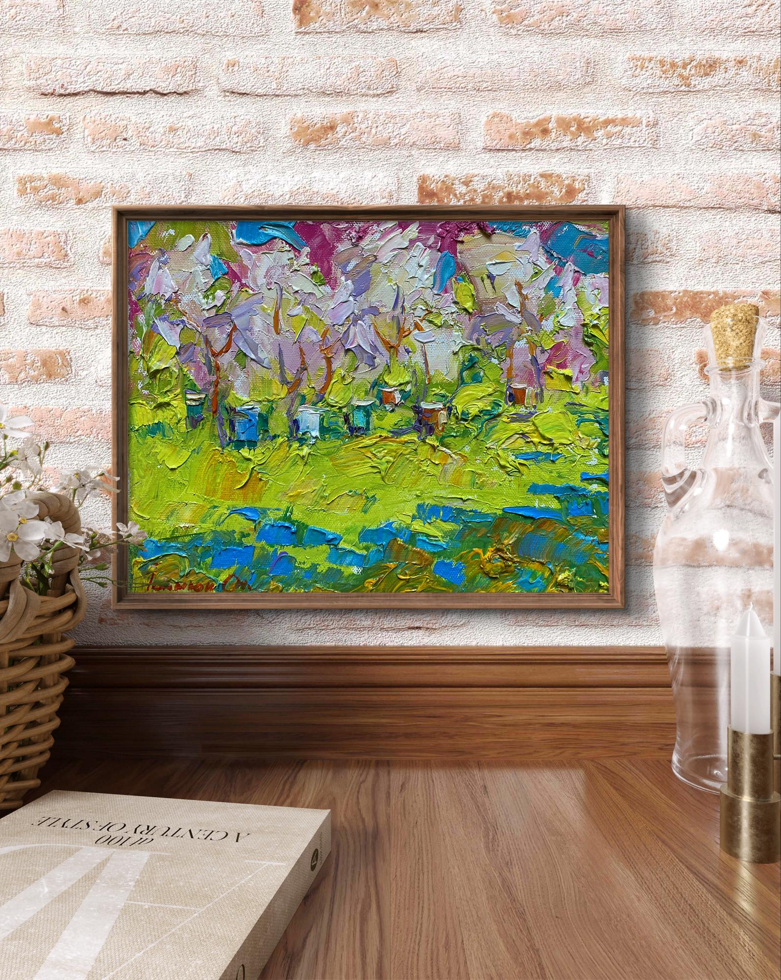 Oil painting Spring garden by Oleksiy Ivanyuk in brown frame
