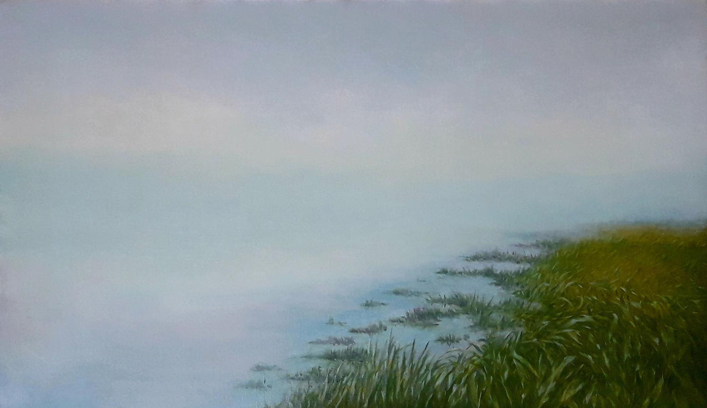 Oil painting Dawn of the river by Vasily Korkishko misty shoreline