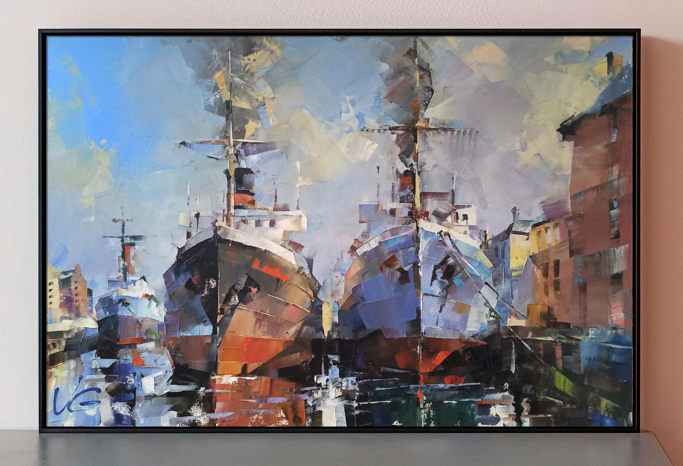 Framed oil painting Frosty morning by Volodymyr Gluhomanyuk, harbor ships in blues