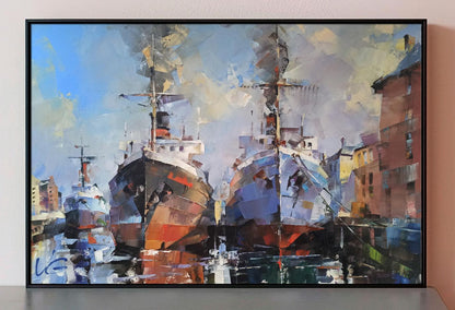 Framed oil painting Frosty morning by Volodymyr Gluhomanyuk, harbor ships in blues