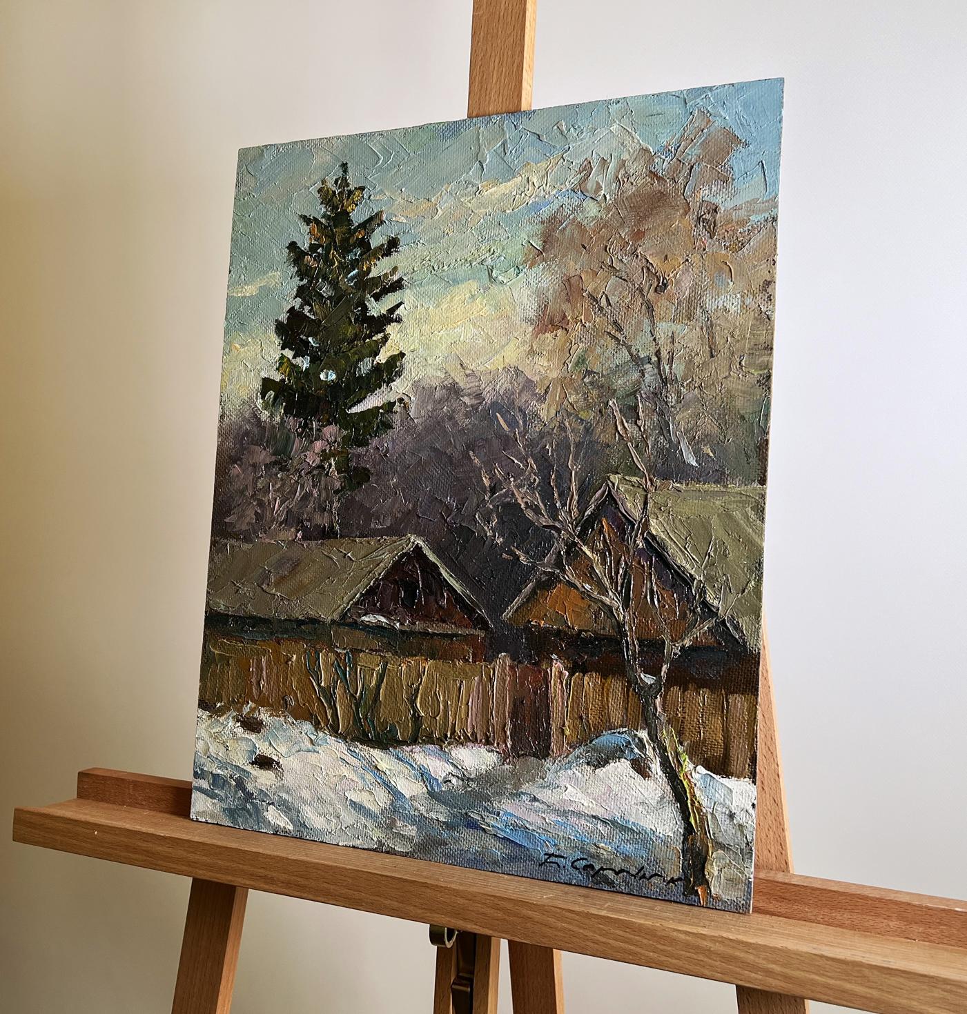Oil painting A cold December day by Boris Serdyuk snowy rural scene