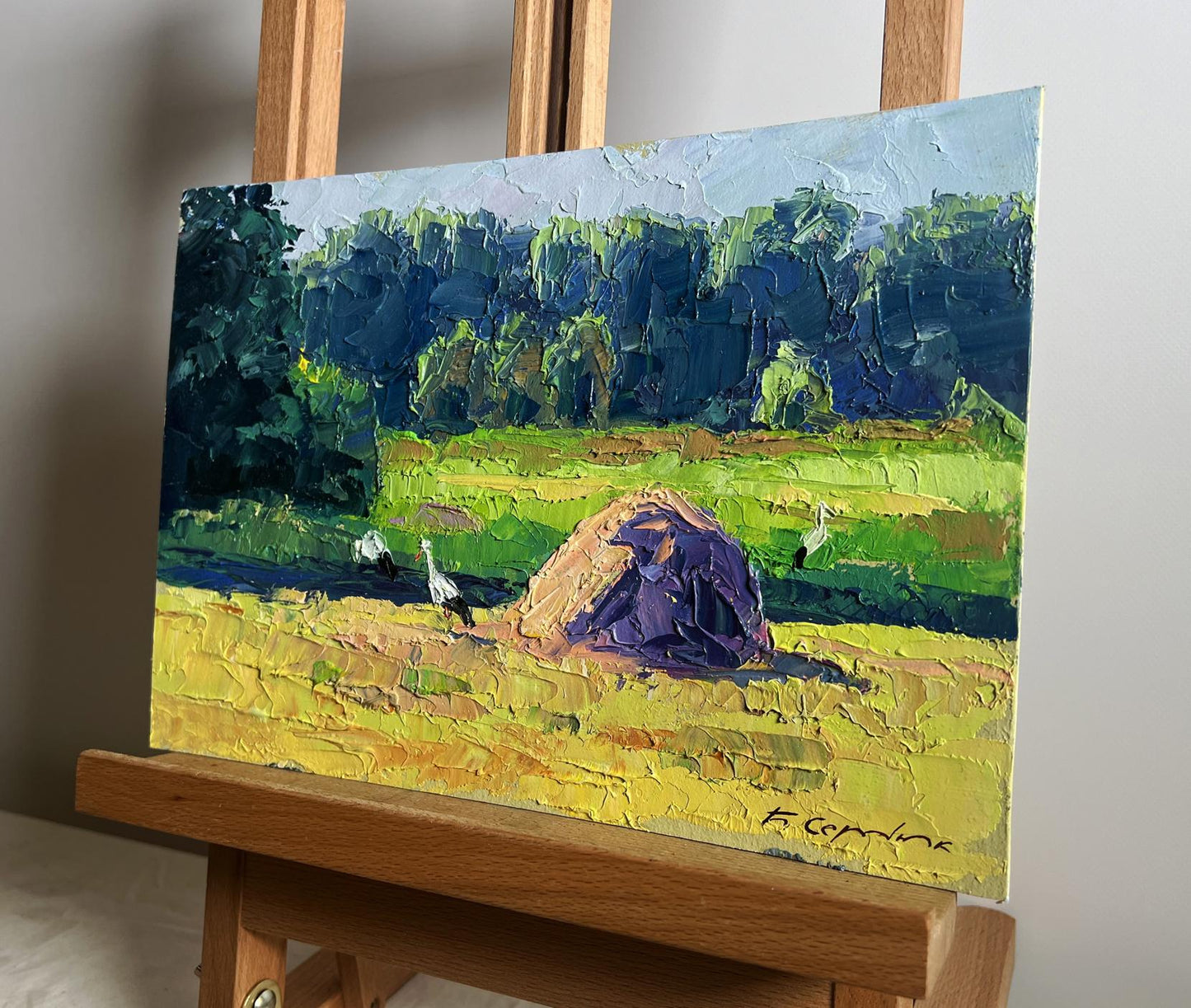 Oil painting The storks have arrived by Boris Serdyuk vibrant field scene