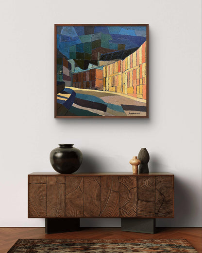 Oil painting Night city by Serhiy Kovalev, abstract geometric shapes on console