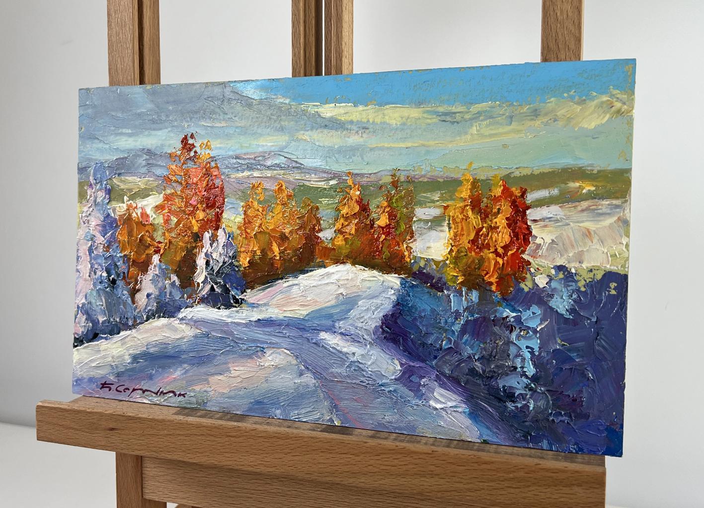 Vibrant impressionist oil painting The Silence of Winter by Boris Serdyuk, snowy landscape with autumn trees in impasto