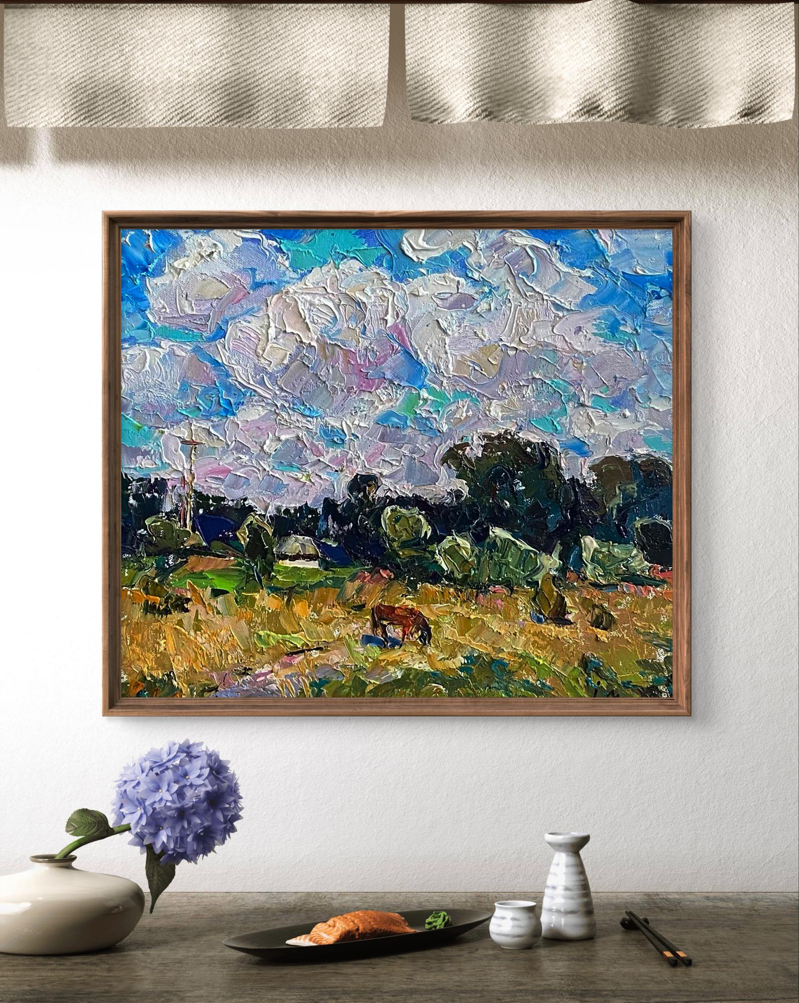 Oil painting of horse grazing in golden field by Oleksiy Ivanyuk