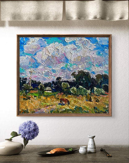 Oil painting of horse grazing in golden field by Oleksiy Ivanyuk