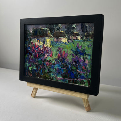 Oil painting The first lilac over the field by Oksana Ivanyuk in black frame