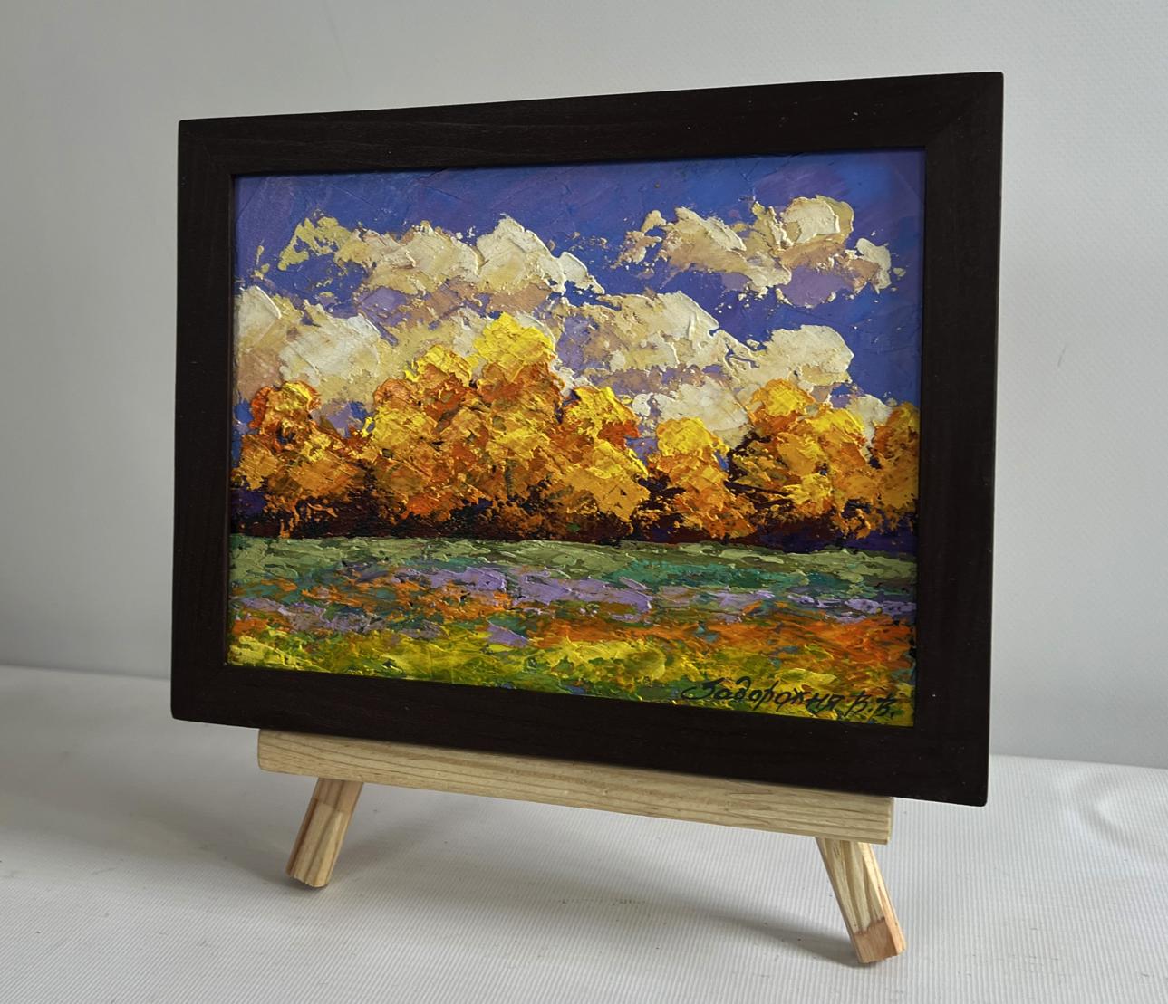 V. Zadorozhnya oil painting of vibrant autumn sunset landscape in black frame