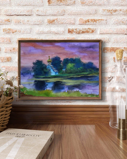 Watercolor Morning over the River by Boris Serdyuk in wooden frame