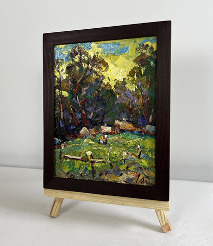 Oil painting Village near the forest by Oleksiy Ivanyuk, vibrant rural landscape
