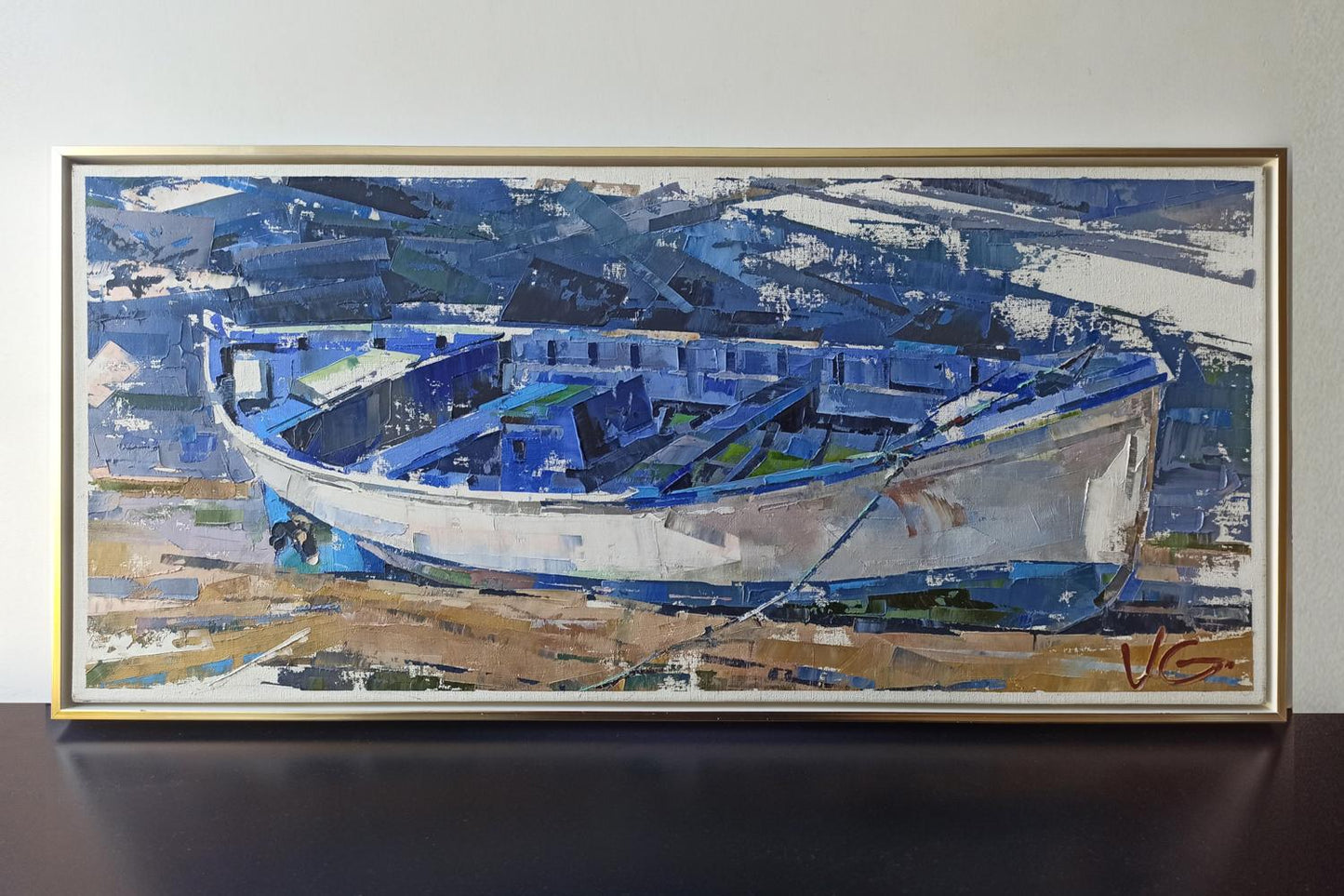 Framed Oil Painting Expectation by Volodymyr Gluhomanyuk, blue white boat abstract