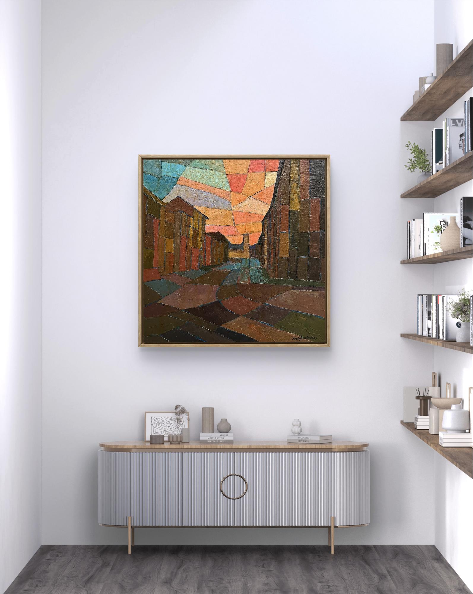 Framed abstract geometric oil painting City center by Serhiy Kovalev