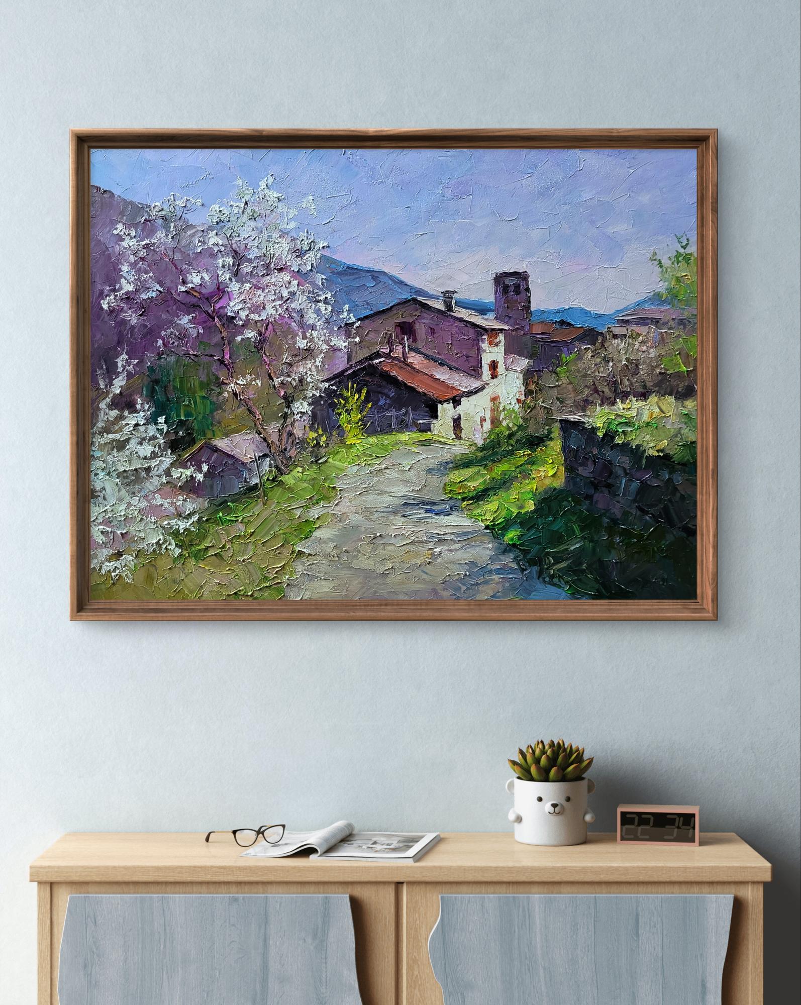 Oil painting Village in the mountains by Boris Serdyuk, rustic village scene