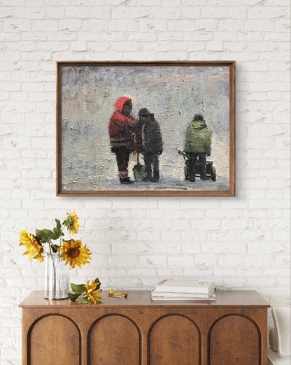 Framed oil painting by Volodymyr Pashchenko of snowy figures in winter clothing