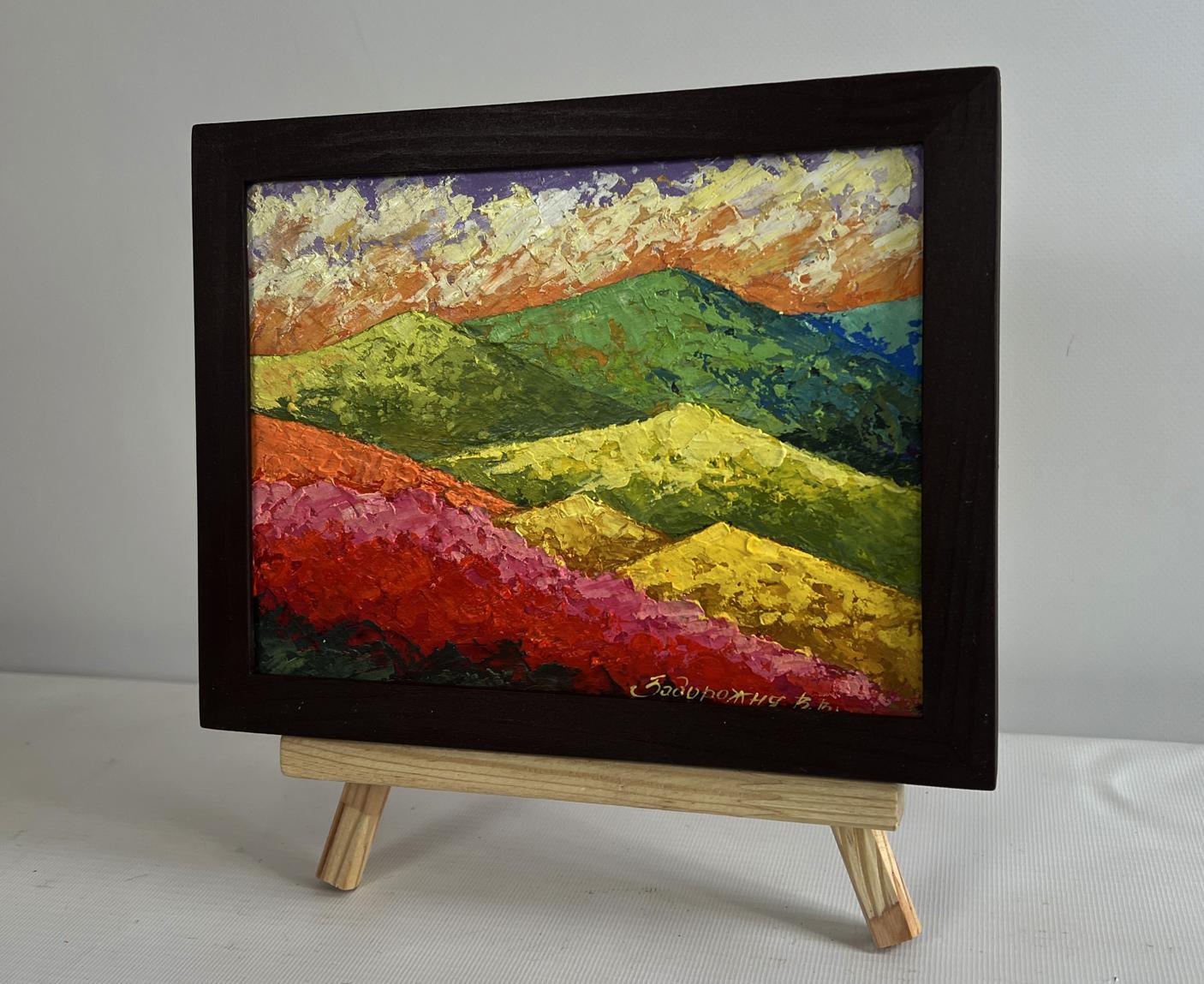 Oil painting Sunset on the top of the mountain by V. Zadorozhnya in black frame