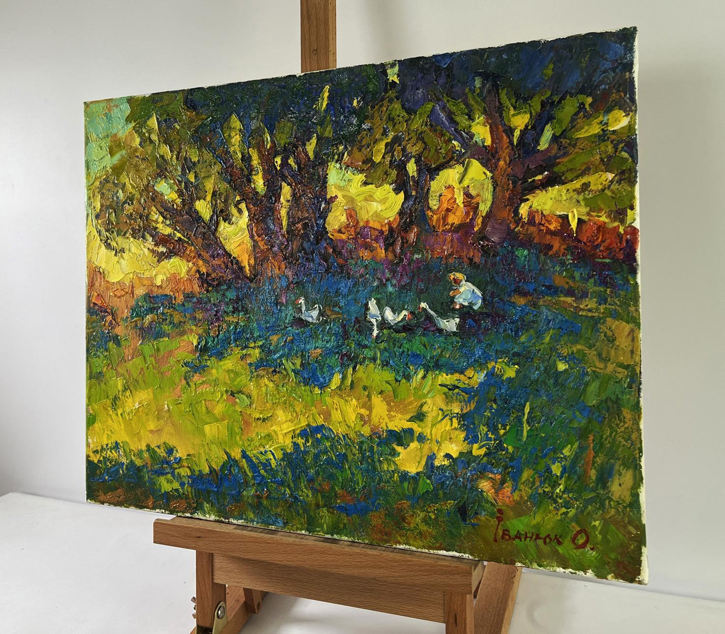 Oil painting Silence in the shade of old willows by Oleksiy Ivanyuk with geese