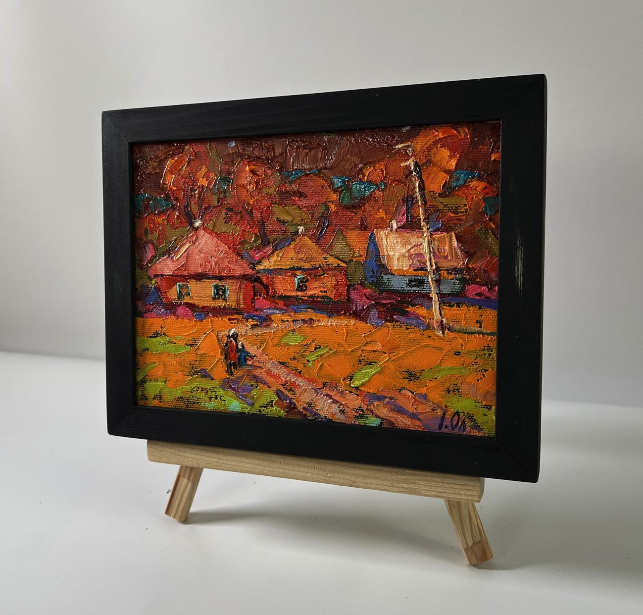 Oil painting Autumn village sunset by Oleksiy Ivanyuk in black frame
