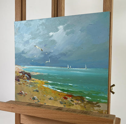 Oil painting Seagulls over the seashore by Yuriy Suprunchuk coastal scene